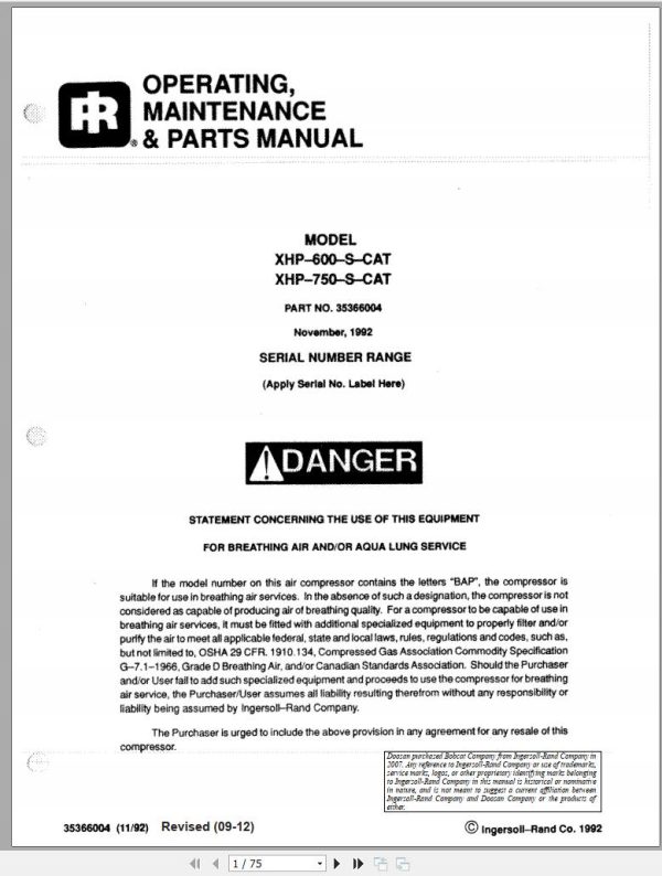 Ingersoll Rand Portable Compressor XHP600 Parts Manual Operation and Maintenance Manual 2012