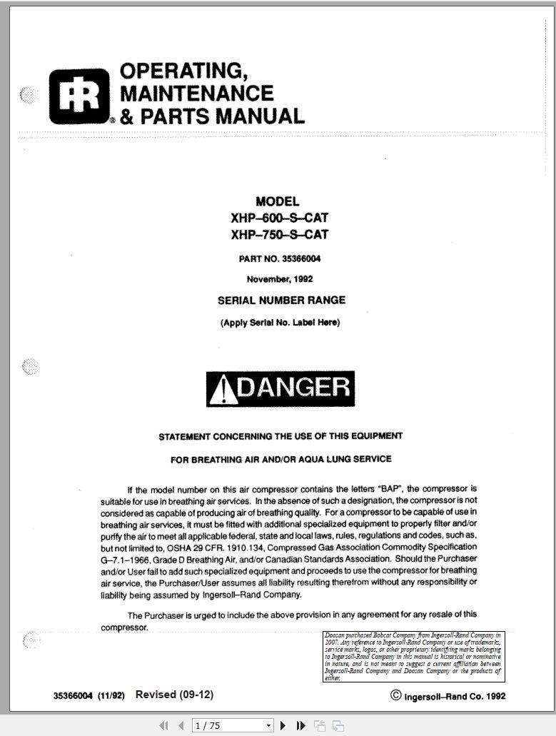 Ingersoll Rand Portable Compressor XHP600 Parts Manual Operation and Maintenance Manual 2012