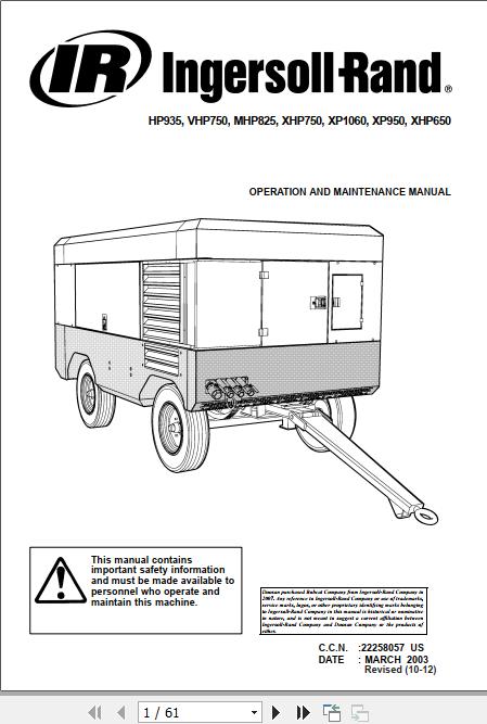 Ingersoll Rand Portable Compressor XHP650 Operation and Maintenance Manual 2012