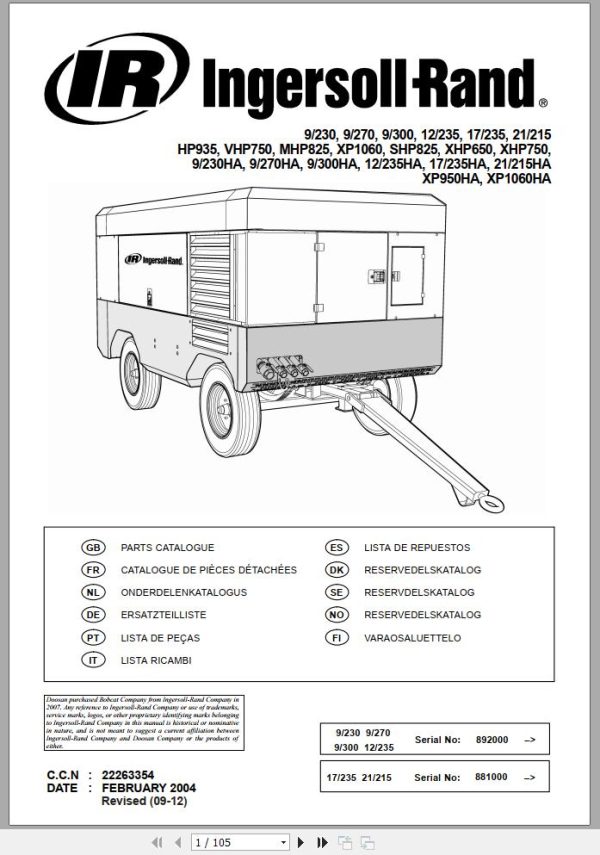 Ingersoll Rand Portable Compressor XHP650 Parts Manual Operation and Maintenance Manual 2013
