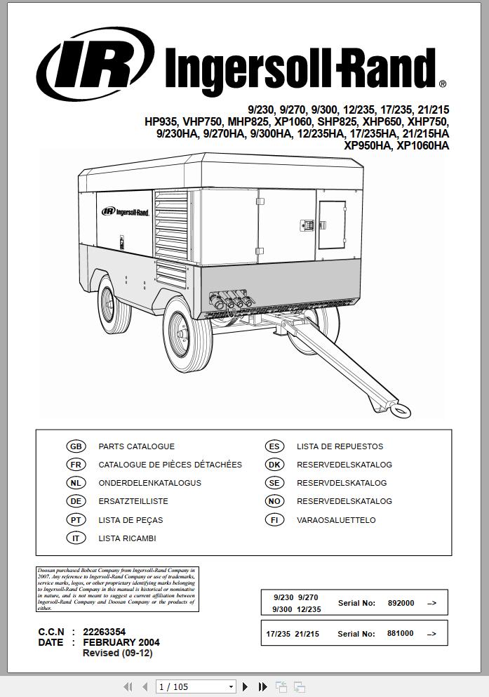 Ingersoll Rand Portable Compressor XHP650 Parts Manual Operation and Maintenance Manual 2013