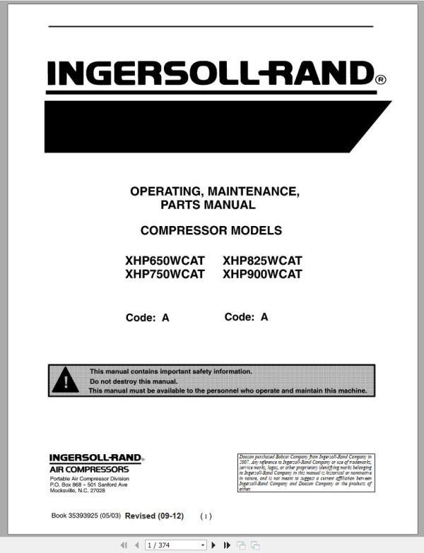 Ingersoll Rand Portable Compressor XHP650 Parts Manual Operation and Maintenance Manual 2013 1