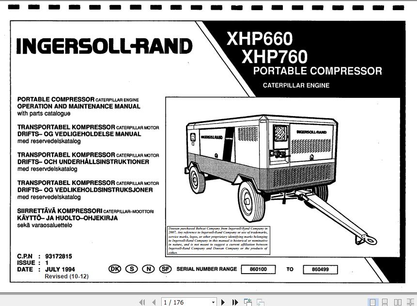 Ingersoll Rand Portable Compressor XHP660 Operation and Maintenance Manual 2012