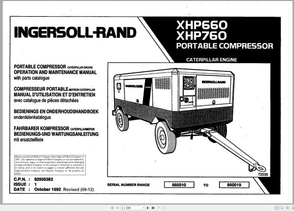 Ingersoll Rand Portable Compressor XHP660 Parts Manual Operation and Maintenance Manual 2012