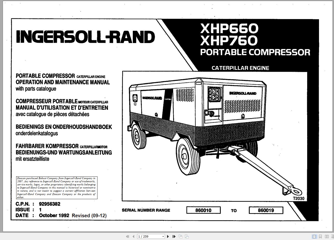 Ingersoll Rand Portable Compressor XHP660 Parts Manual Operation and Maintenance Manual 2012