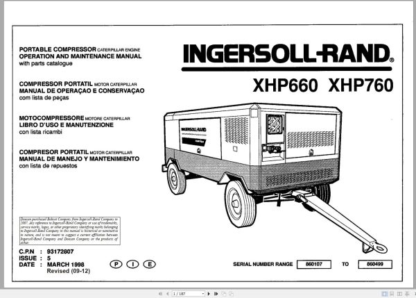 Ingersoll Rand Portable Compressor XHP660 Parts Manual Operation and Maintenance Manual 2012 1