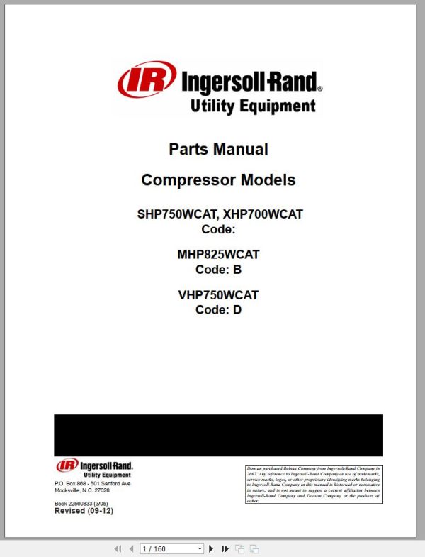 Ingersoll Rand Portable Compressor XHP700 Parts Manual Operation and Maintenance Manual 2012