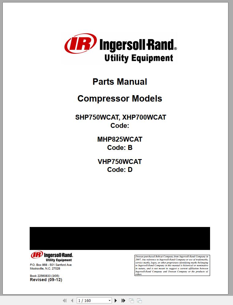 Ingersoll Rand Portable Compressor XHP700 Parts Manual Operation and Maintenance Manual 2012