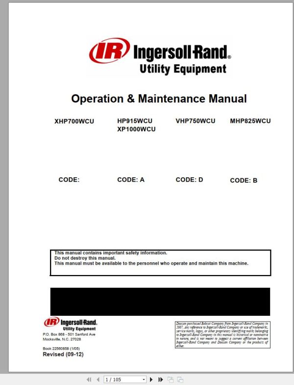 Ingersoll Rand Portable Compressor XHP700 Parts Manual Operation and Maintenance Manual 2012 1