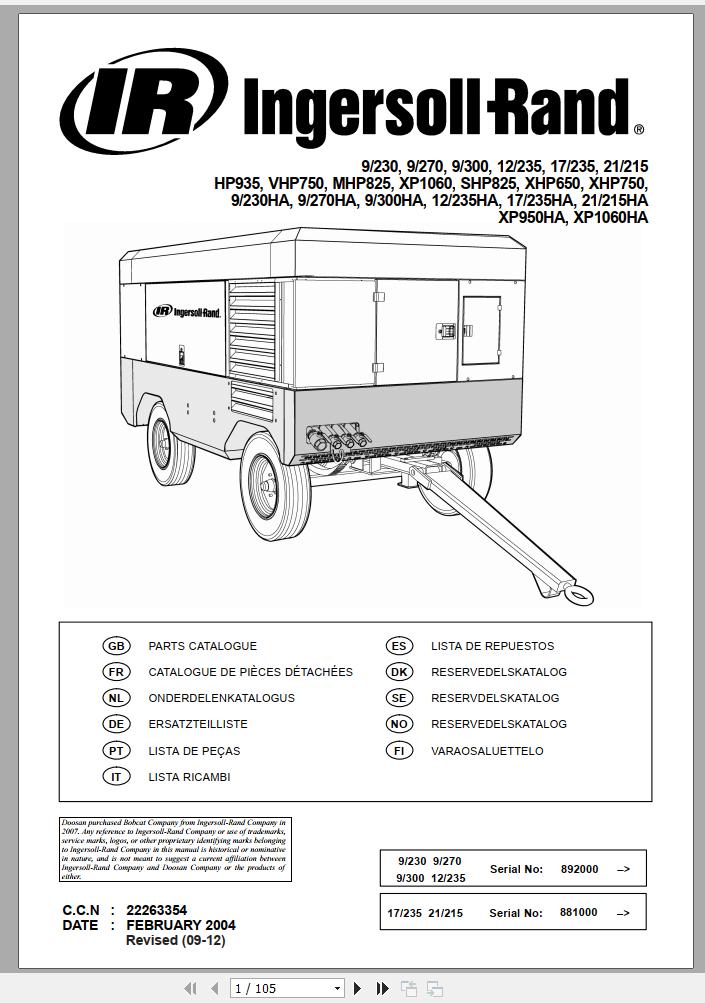 Ingersoll Rand Portable Compressor XHP750 Parts Manual Operation and Maintenance Manual 2016