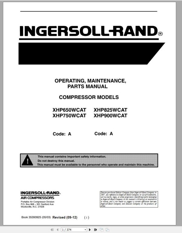 Ingersoll Rand Portable Compressor XHP750 Parts Manual Operation and Maintenance Manual 2016 1
