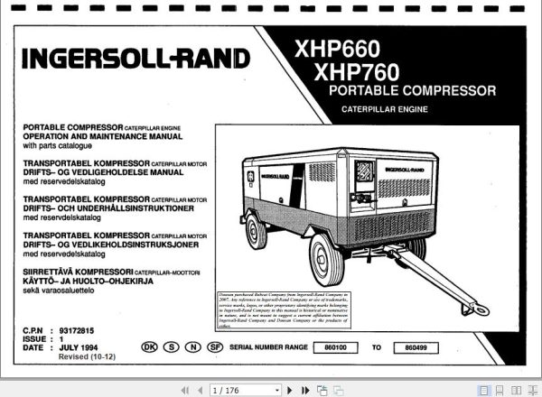 Ingersoll Rand Portable Compressor XHP760 Operation and Maintenance Manual 2012