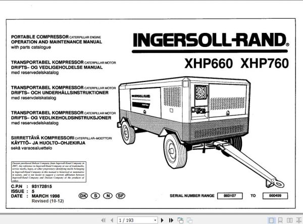 Ingersoll Rand Portable Compressor XHP760 Operation and Maintenance Manual 2012 1