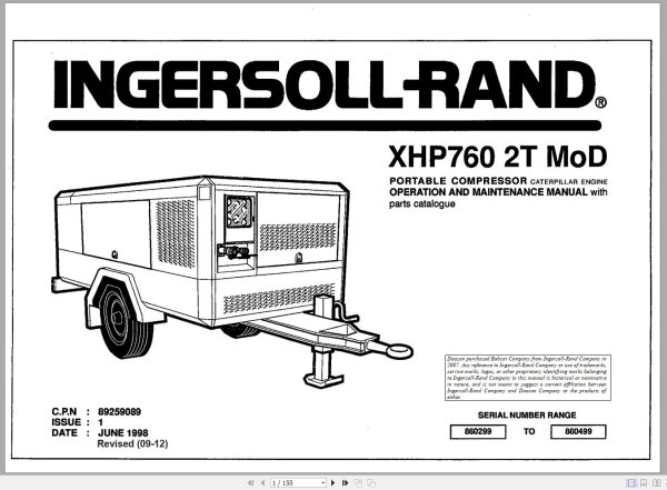 Ingersoll Rand Portable Compressor XHP760 Parts Manual Operation and Maintenance Manual 2012