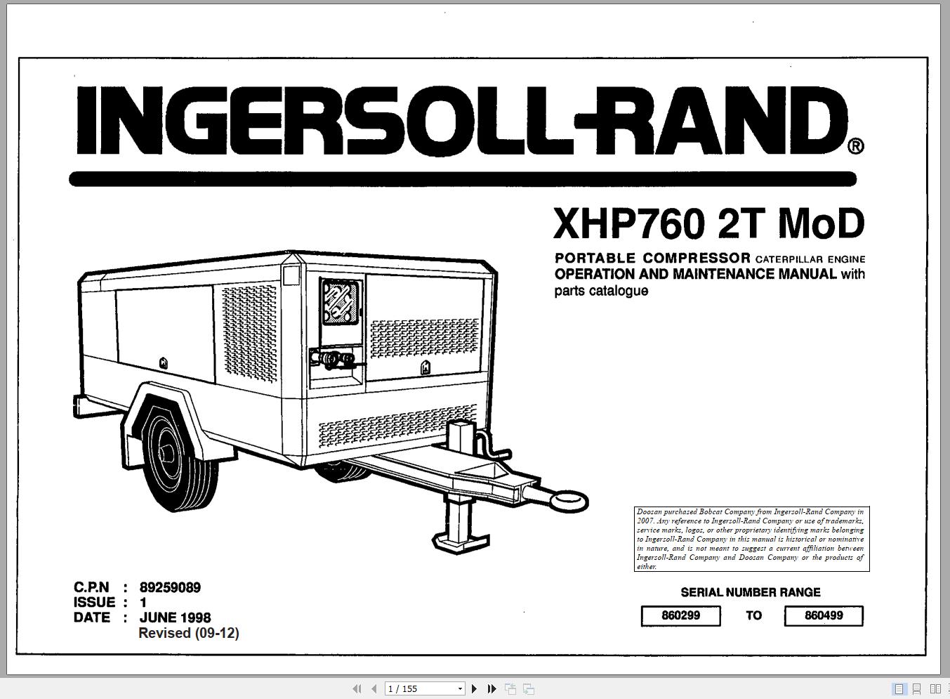 Ingersoll Rand Portable Compressor XHP760 Parts Manual Operation and Maintenance Manual 2012