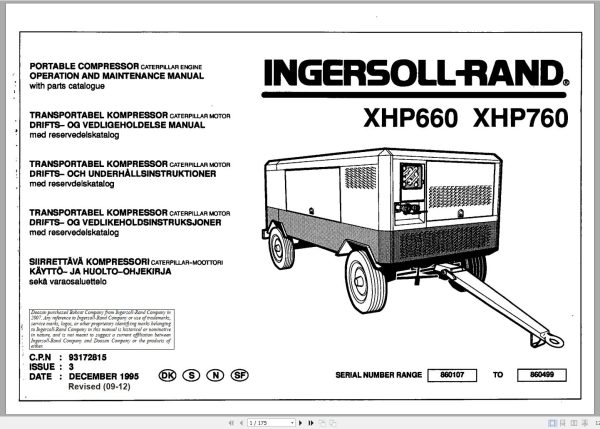 Ingersoll Rand Portable Compressor XHP760 Parts Manual Operation and Maintenance Manual 2012 1