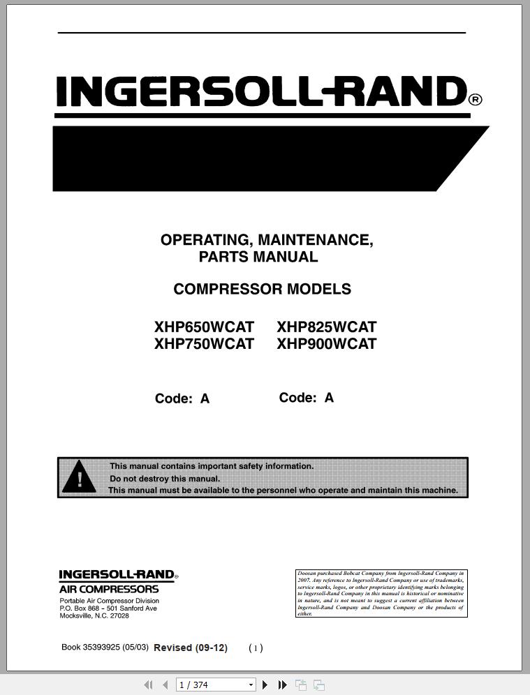 Ingersoll Rand Portable Compressor XHP825 Parts Manual Operation and Maintenance Manual 2013