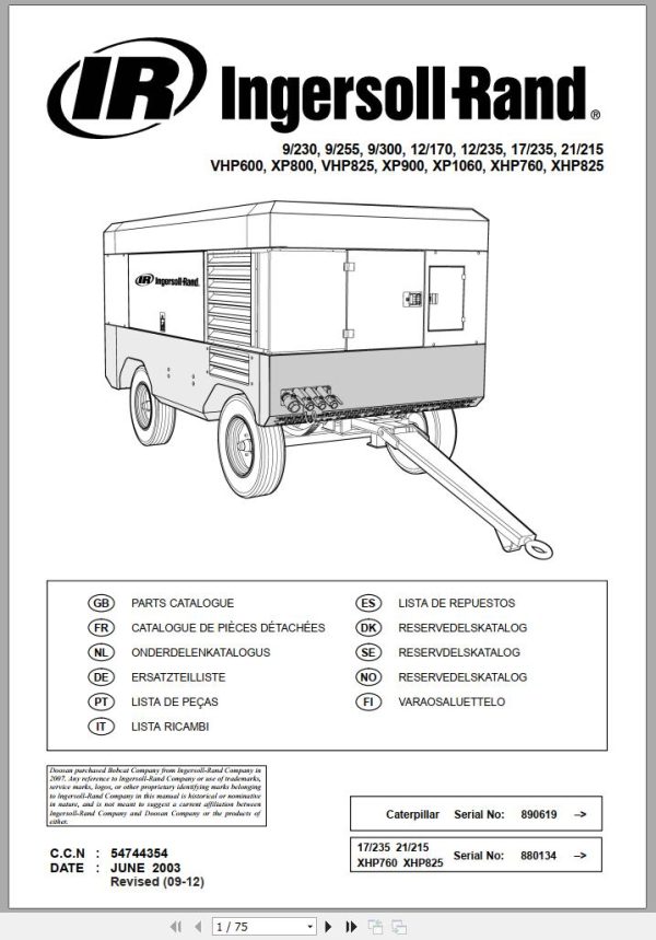 Ingersoll Rand Portable Compressor XHP825 Parts Manual Operation and Maintenance Manual 2013 1