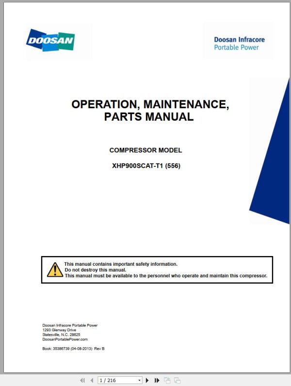 Ingersoll Rand Portable Compressor XHP900 Parts Manual Operation and Maintenance Manual 2013