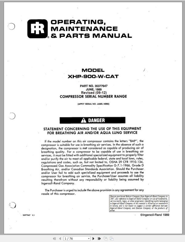 Ingersoll Rand Portable Compressor XHP900 Parts Manual Operation and Maintenance Manual 2013 1