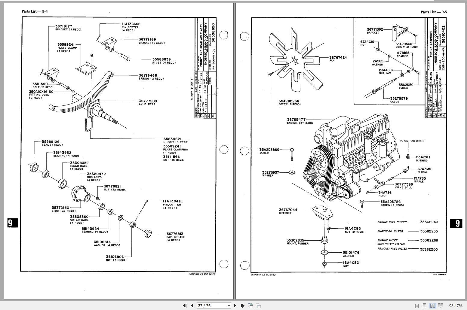 Ingersoll Rand Portable Compressor XHP900 Parts Manual, Operation and