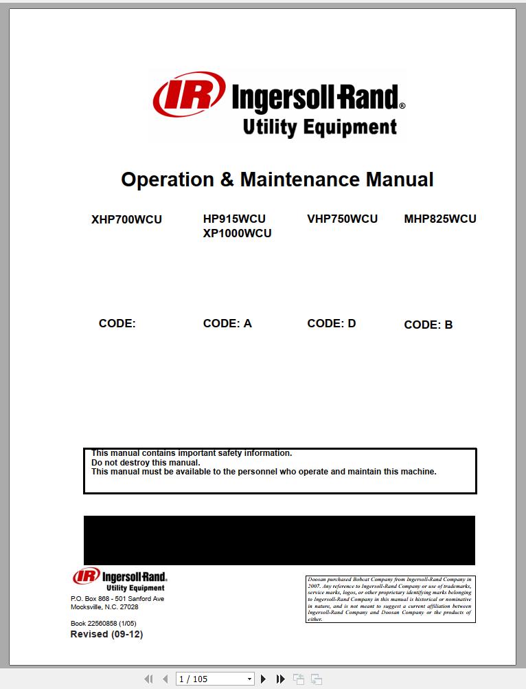 Ingersoll Rand Portable Compressor XP1000 Parts Manual Operation and Maintenance Manual 2016