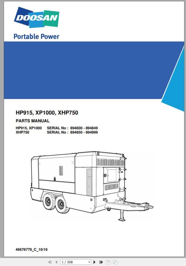 Ingersoll Rand Portable Compressor XP1000 Parts Manual Operation and Maintenance Manual 2016 1