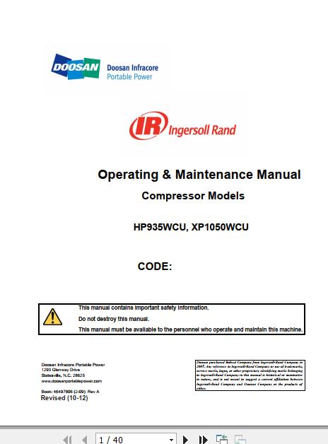 Ingersoll Rand Portable Compressor XP1050 Operation and Maintenance Manual 2013 1