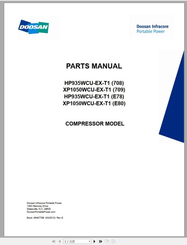 Ingersoll Rand Portable Compressor XP1050 Parts Manual 2013