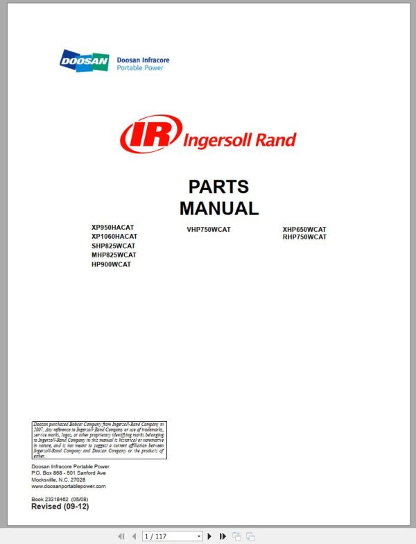 Ingersoll Rand Portable Compressor XP1060 Parts Manual 2012 1