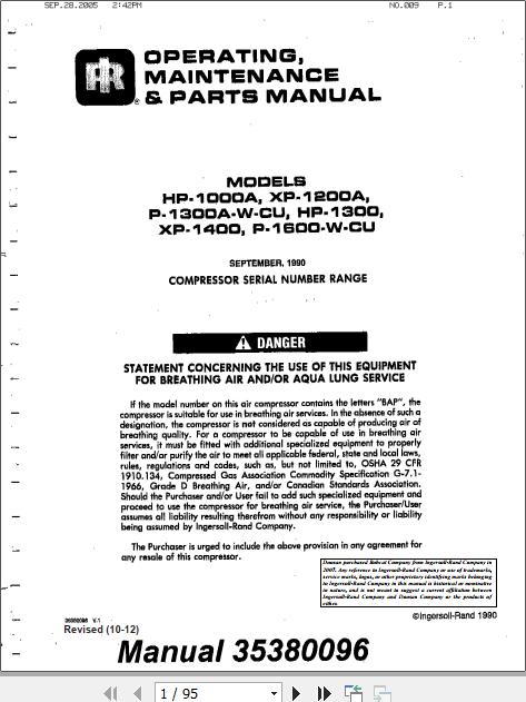 Ingersoll Rand Portable Compressor XP1200 Operation and Maintenance Manual 2012 1