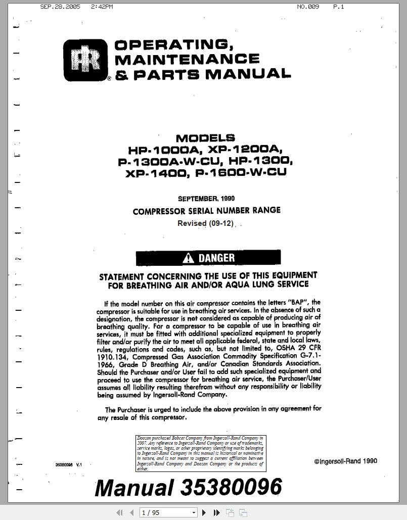 Ingersoll Rand Portable Compressor XP1200 Parts Manual Operation and Maintenance Manual 2005