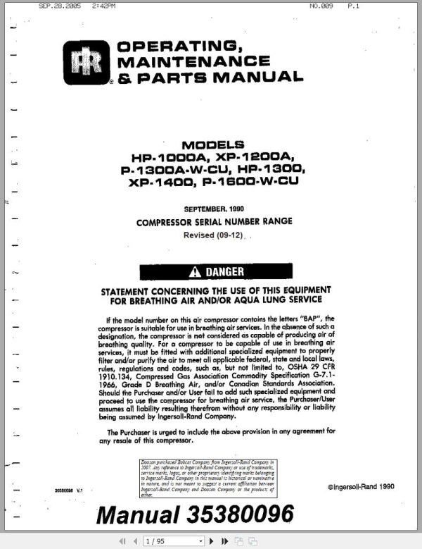 Ingersoll Rand Portable Compressor XP1400 Parts Manual Operation and Maintenance Manual 2005