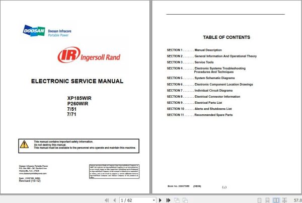 Ingersoll Rand Portable Compressor XP185 Operation and Maintenance Manual 2012