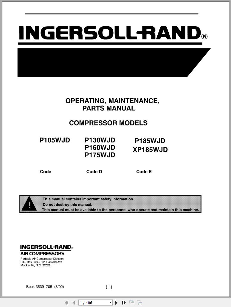 Ingersoll Rand Portable Compressor XP185 Parts Manual Operation and Maintenance Manual 2012