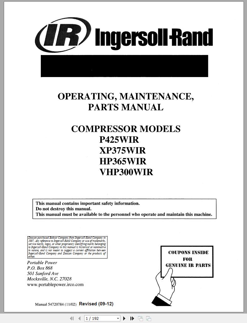 Ingersoll Rand Portable Compressor XP375 Parts Manual, Operation and