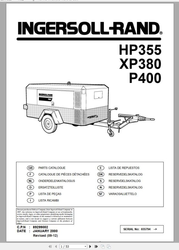 Ingersoll Rand Portable Compressor XP380 Parts Manual 2012