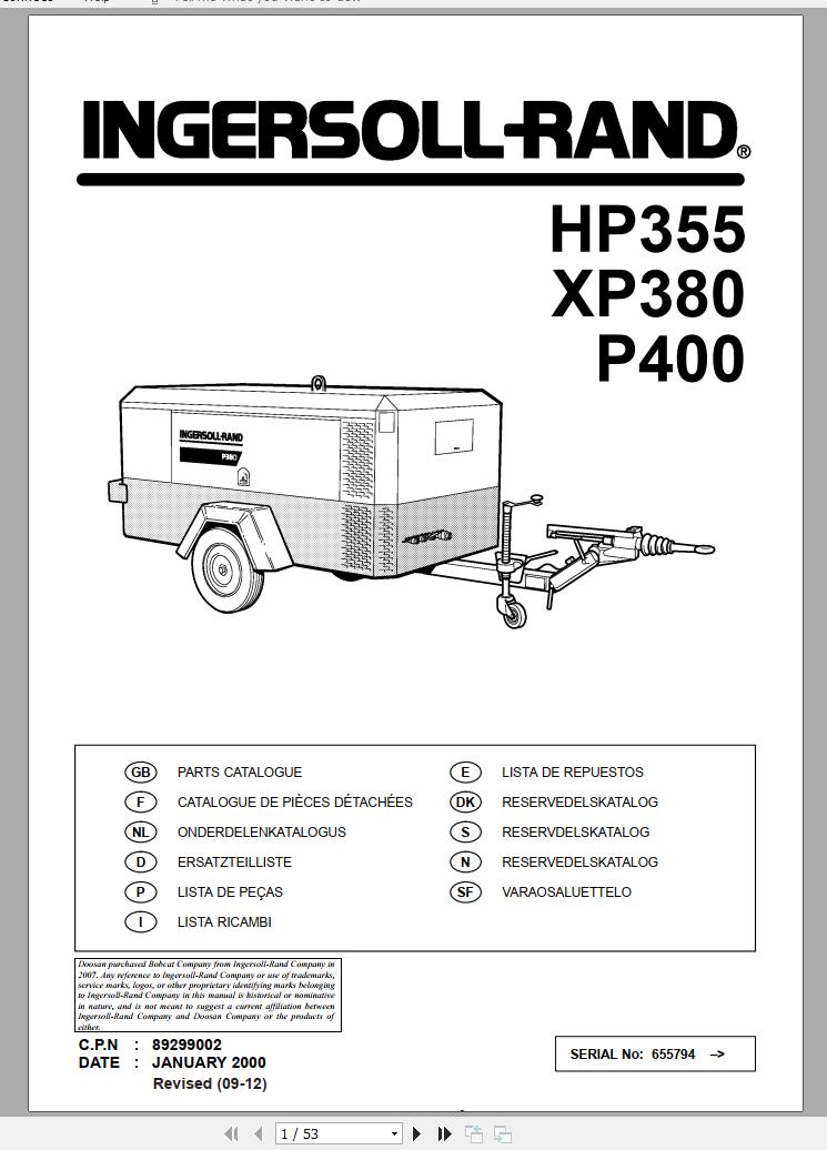 Ingersoll Rand Portable Compressor XP380 Parts Manual 2012