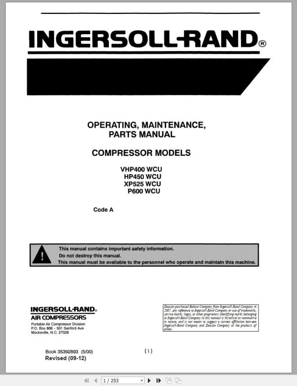 Ingersoll Rand Portable Compressor XP525 Parts Manual Operation and Maintenance Manual 2012