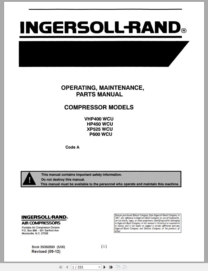 Ingersoll Rand Portable Compressor XP525 Parts Manual Operation and Maintenance Manual 2012