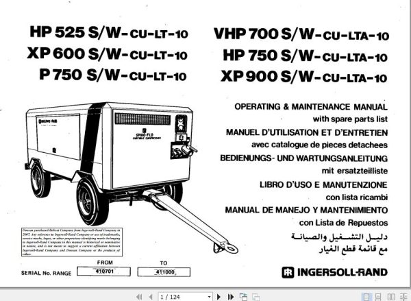 Ingersoll Rand Portable Compressor XP600 Operating and Maintenance Manual 2012