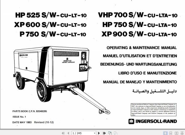 Ingersoll Rand Portable Compressor XP600 Operating and Maintenance Manual 2012 1