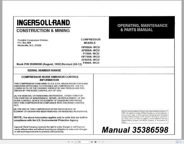 Ingersoll Rand Portable Compressor XP600 Parts Manual Operation and Maintenance Manual 2012