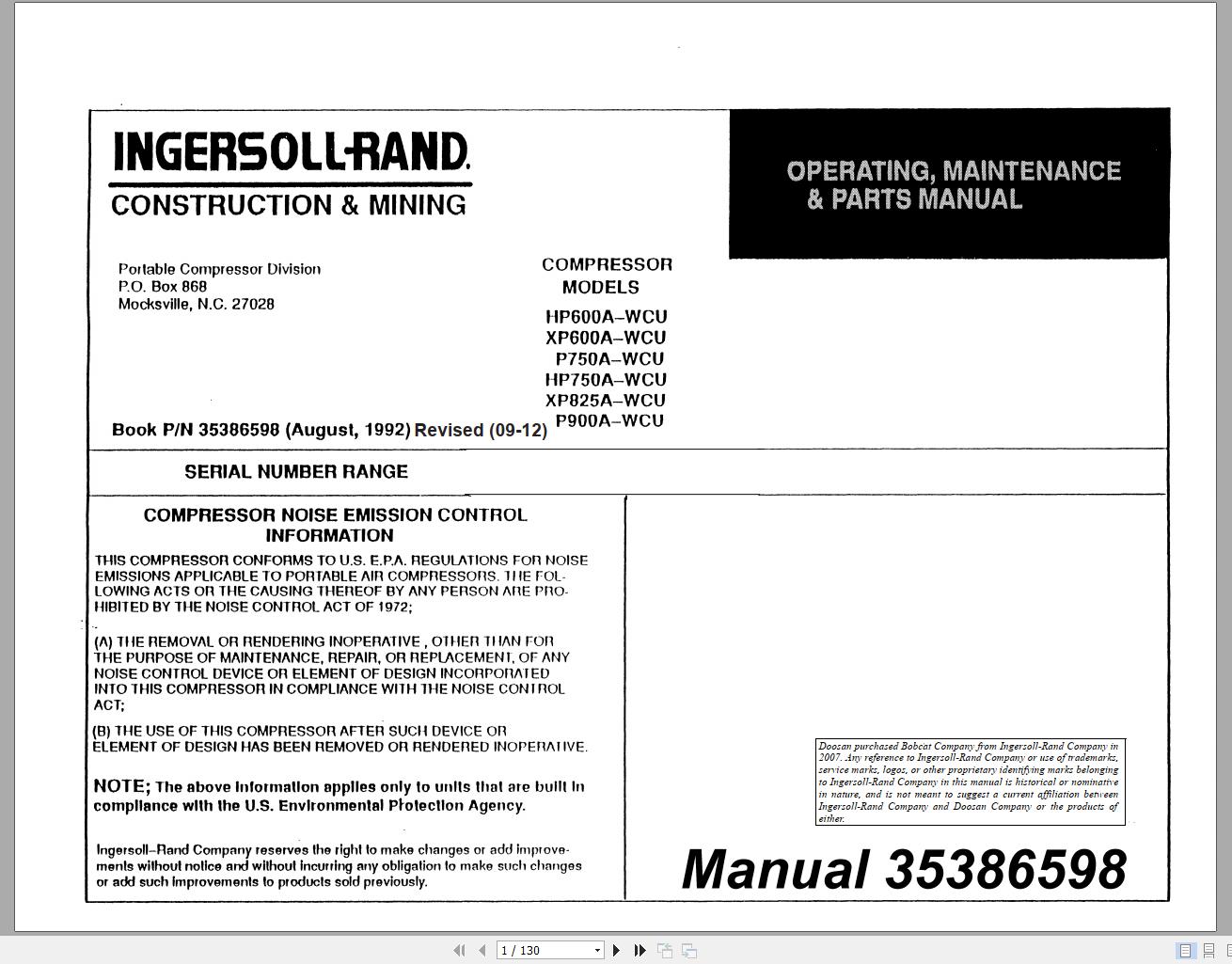 Ingersoll Rand Portable Compressor XP600 Parts Manual Operation and Maintenance Manual 2012