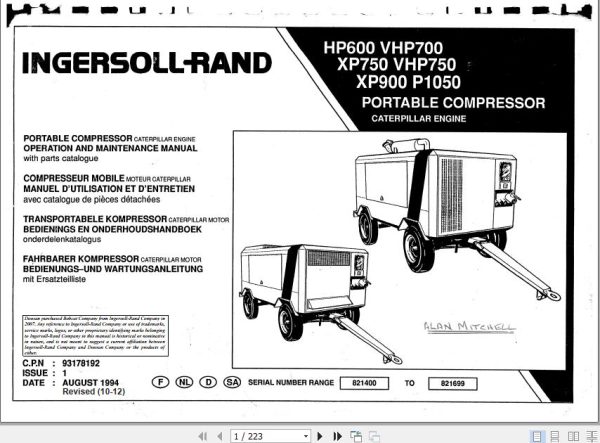 Ingersoll Rand Portable Compressor XP750 Operation and Maintenance Manual 2012