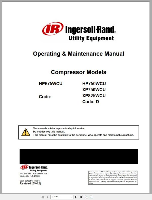 Ingersoll Rand Portable Compressor XP750 Parts Manual Operation and Maintenance Manual 2012