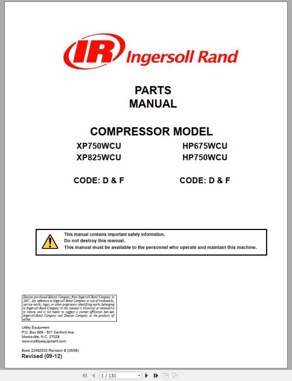 Ingersoll Rand Portable Compressor XP750 Parts Manual Operation and Maintenance Manual 2012 1
