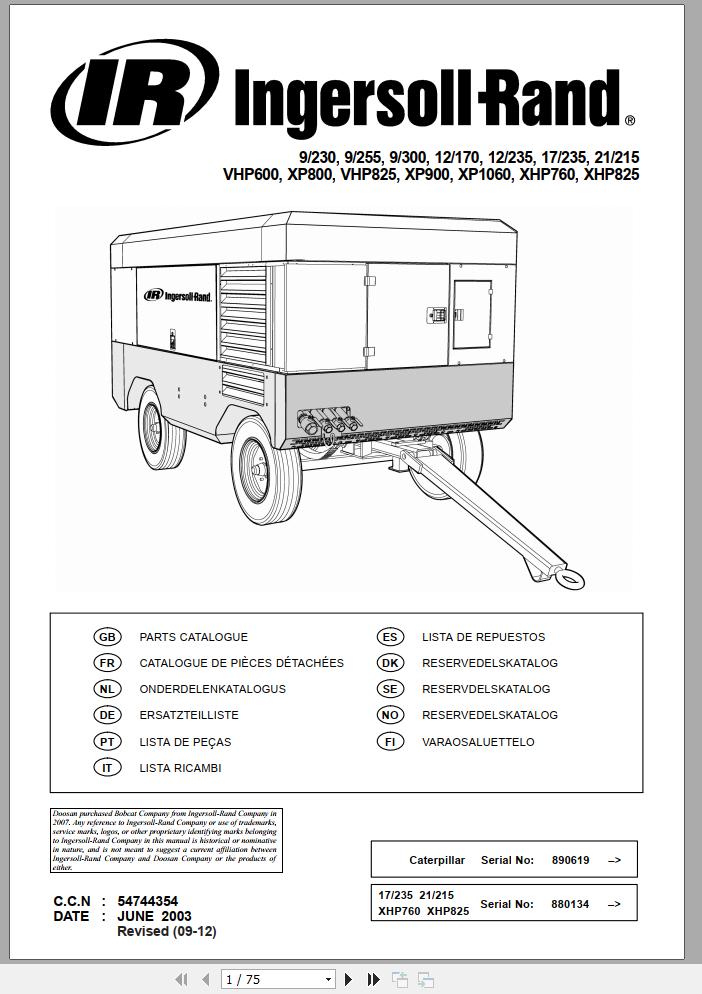 Ingersoll Rand Portable Compressor XP800 Parts Manual 2012