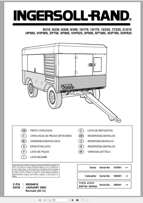 Ingersoll Rand Portable Compressor XP800 Parts Manual 2012 1