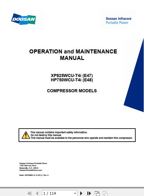 Ingersoll Rand Portable Compressor XP825 Operation and Maintenance Manual 2012 1